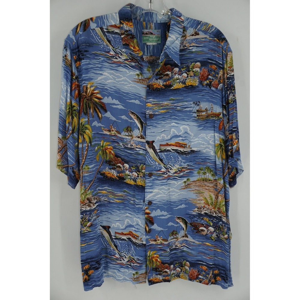Vintage Reyn Spooner Shirt Mens XL‎ Blue Hawaiian Spun Rayon Deep Sea Fishing